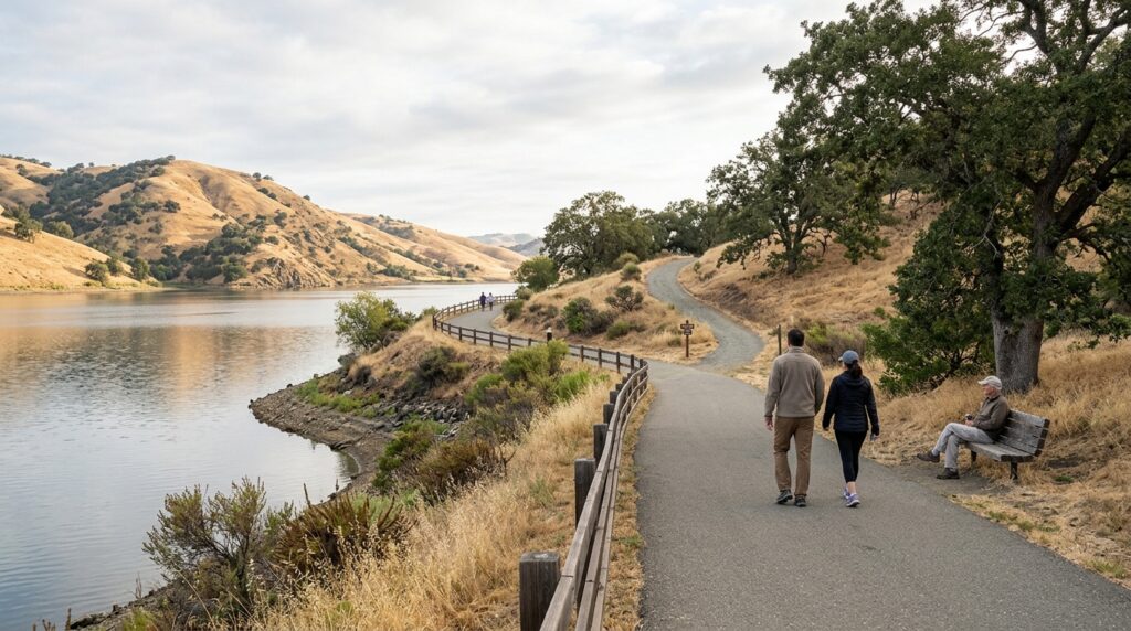 Accessible shoreline path beside Contra Loma Reservoir with walkers, oak trees, and dry summer hills