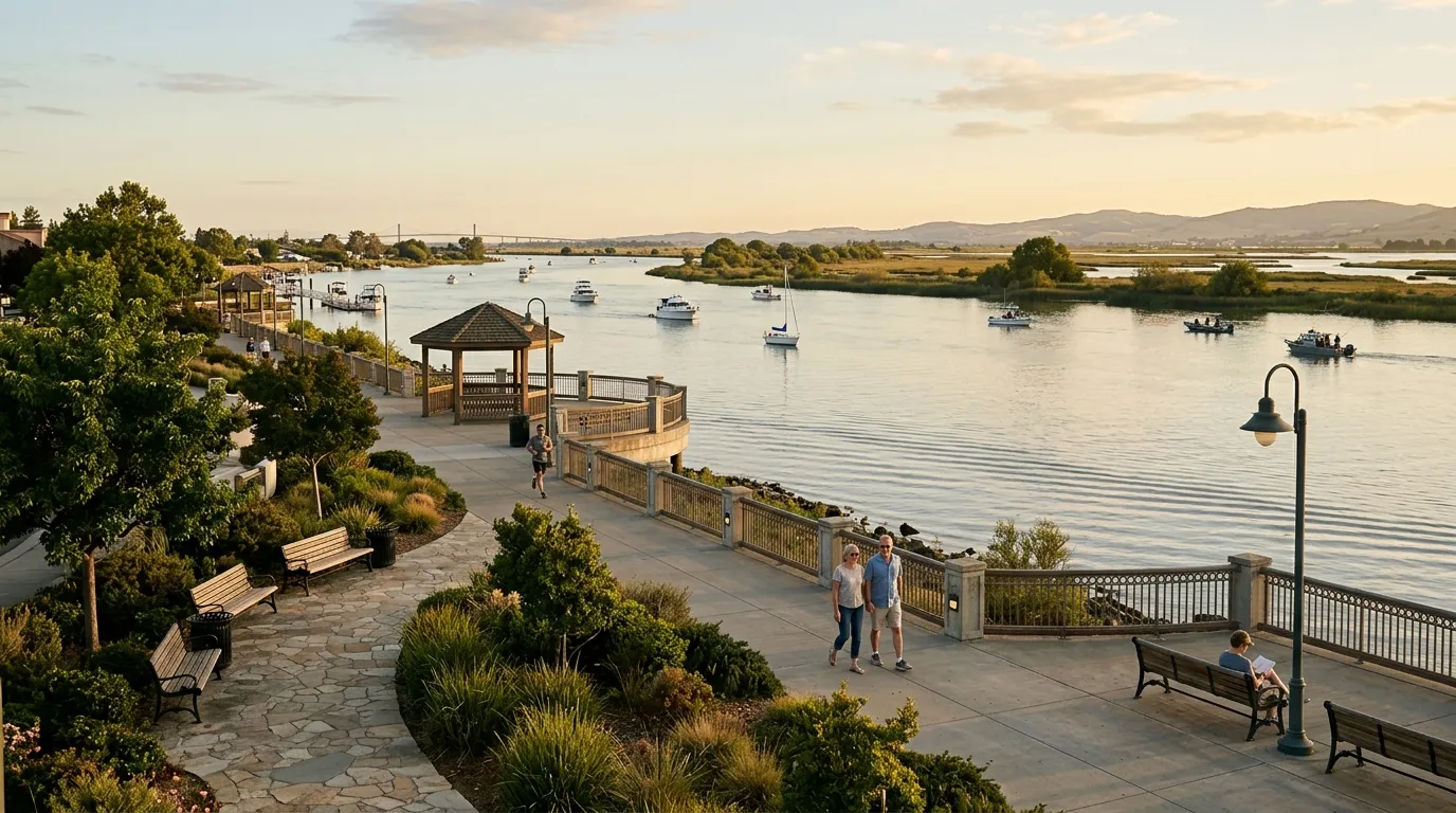 Antioch waterfront along the San Joaquin River with walking paths, boats, and landscaped shoreline