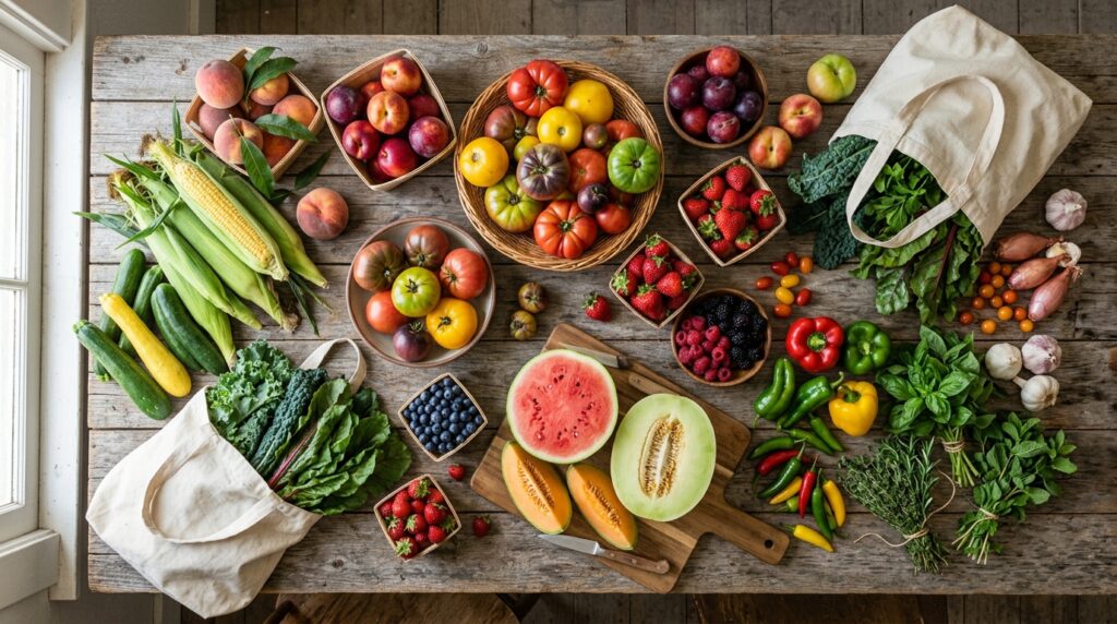 California summer produce including tomatoes, stone fruit, corn, berries, peppers, squash, and melons