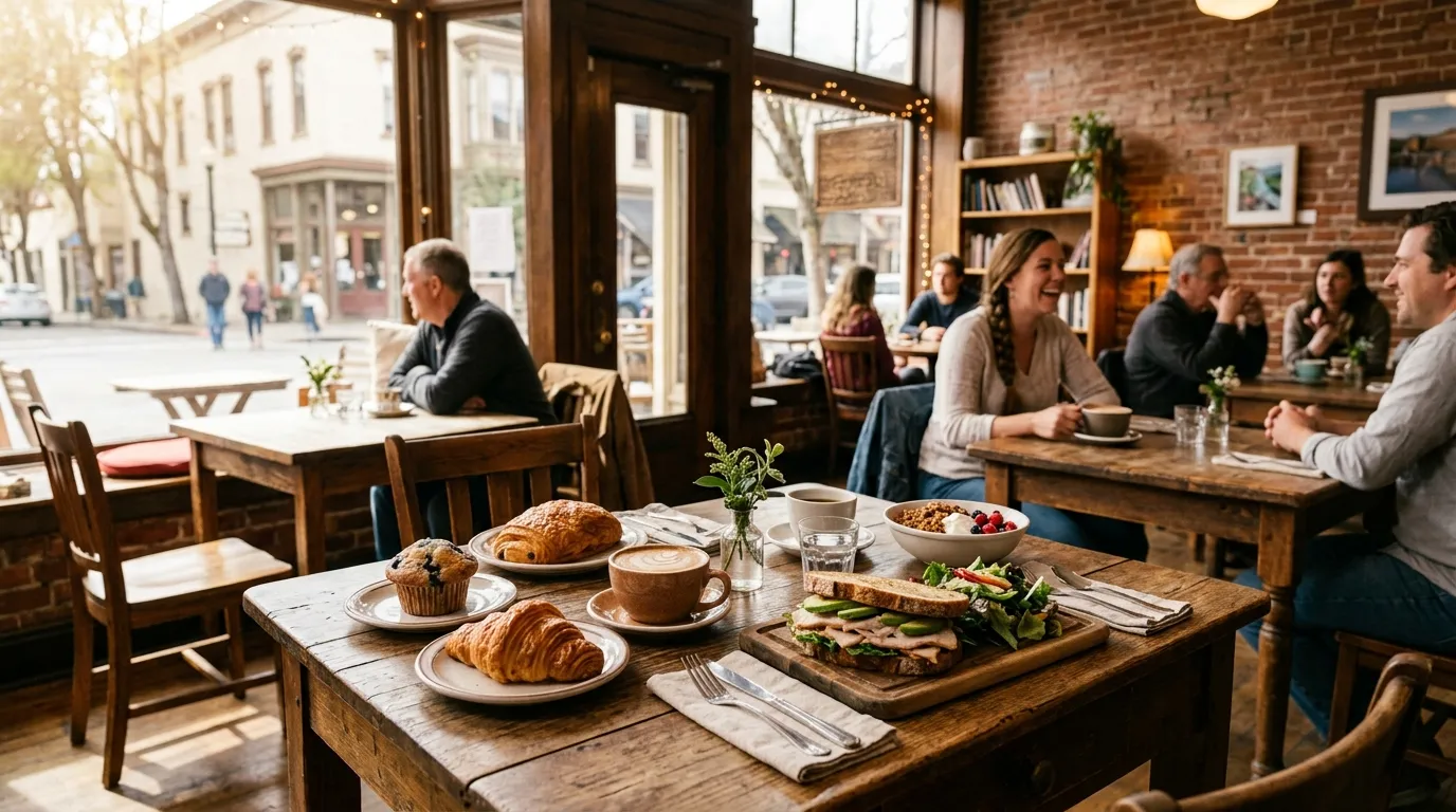 Coffee, pastries, and local dishes served inside a cozy café in historic downtown Martinez