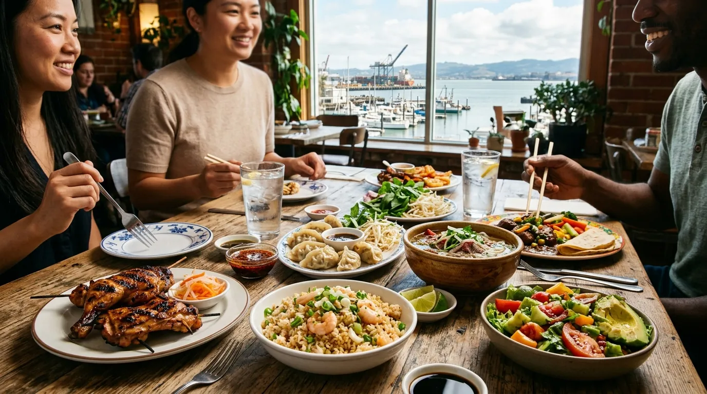 Colorful multicultural dishes served at a neighborhood restaurant in Richmond, California