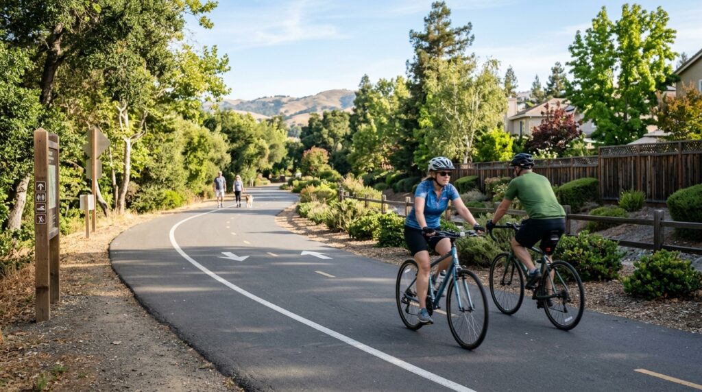 Cyclists and walkers sharing the paved Iron Horse Regional Trail in central Contra Costa County