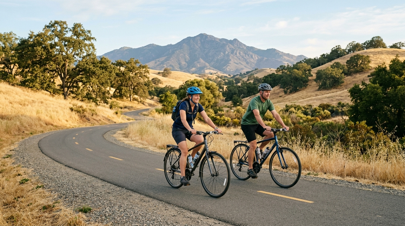 Cyclists riding a paved trail through golden Contra Costa County hills with Mount Diablo in the distance
