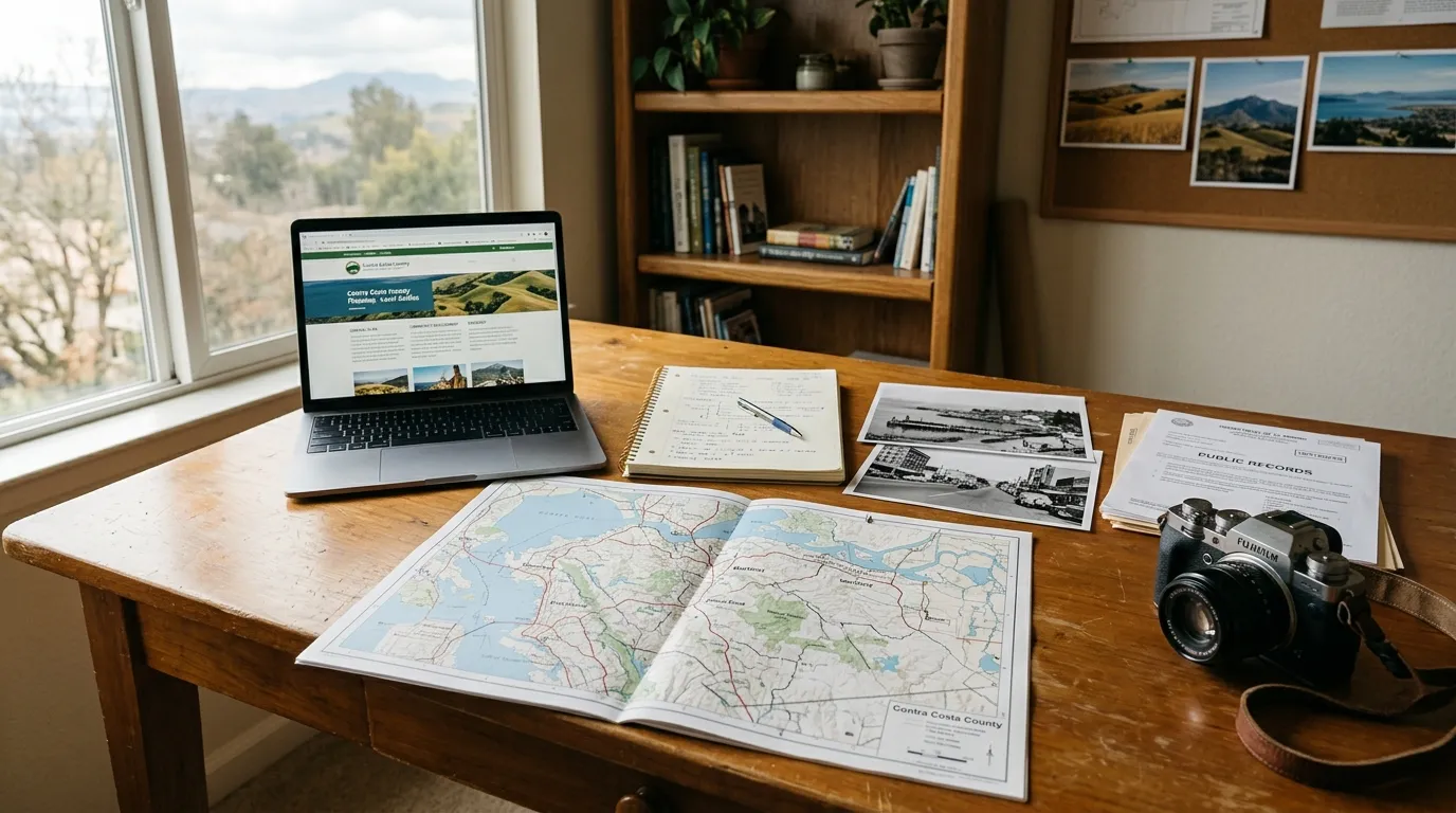 Desk with a Contra Costa County map, research notes, historical photographs, laptop, and camera used for local guide research