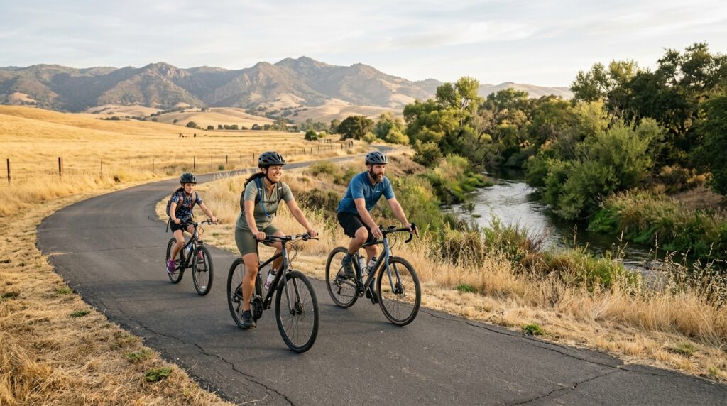 Family cycling along the paved Marsh Creek Regional Trail beside farmland near Brentwood
