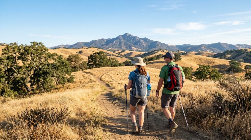Hikers carrying water on a golden hillside trail with Mount Diablo in the distance