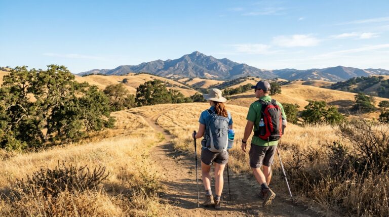 Hikers carrying water on a golden hillside trail with Mount Diablo in the distance