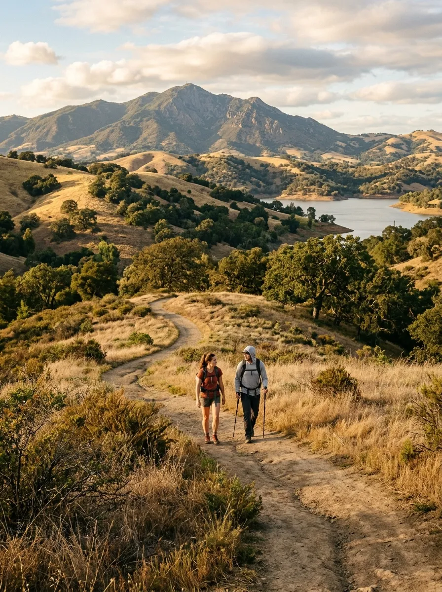 Hikers following a scenic trail through golden hills and oak trees with Mount Diablo in the distance
