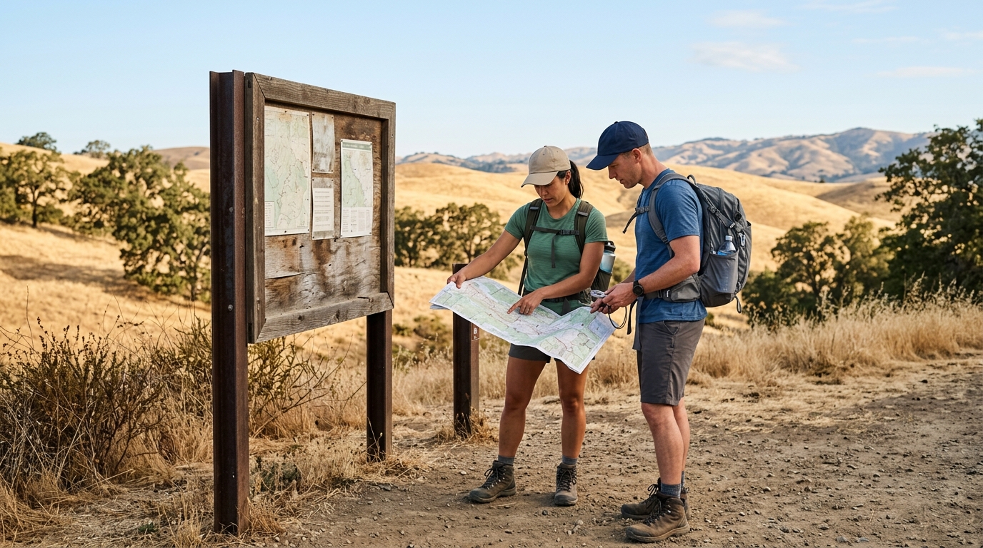 Hikers reviewing a map at a Contra Costa County trailhead before starting a summer hike