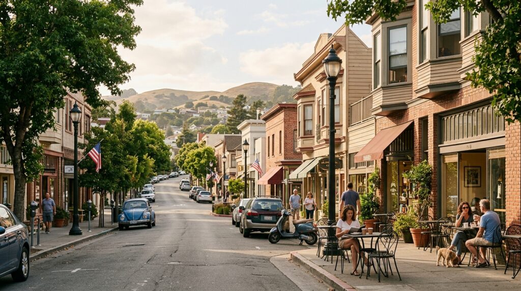 Historic Point Richmond street with cafés, older buildings, trees and pedestrians