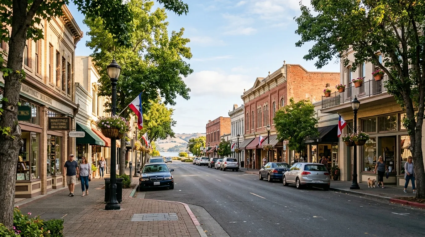 Historic downtown Martinez street with older buildings, trees, storefronts, and pedestrians