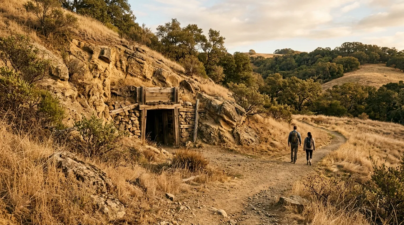 Historic mine entrance surrounded by golden hills and native vegetation at Black Diamond Mines Regional Preserve