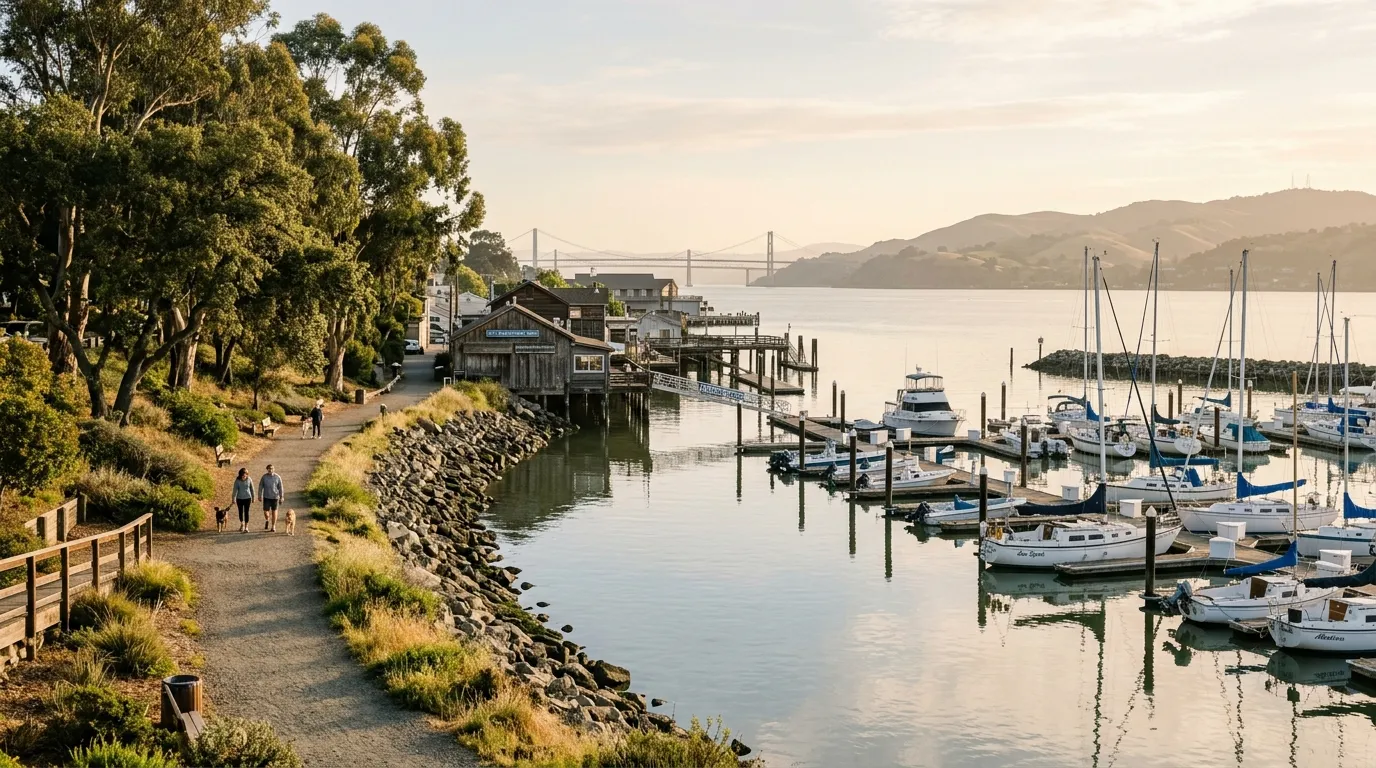 Martinez waterfront with marina boats, shoreline paths, trees, and the Carquinez Strait in the background