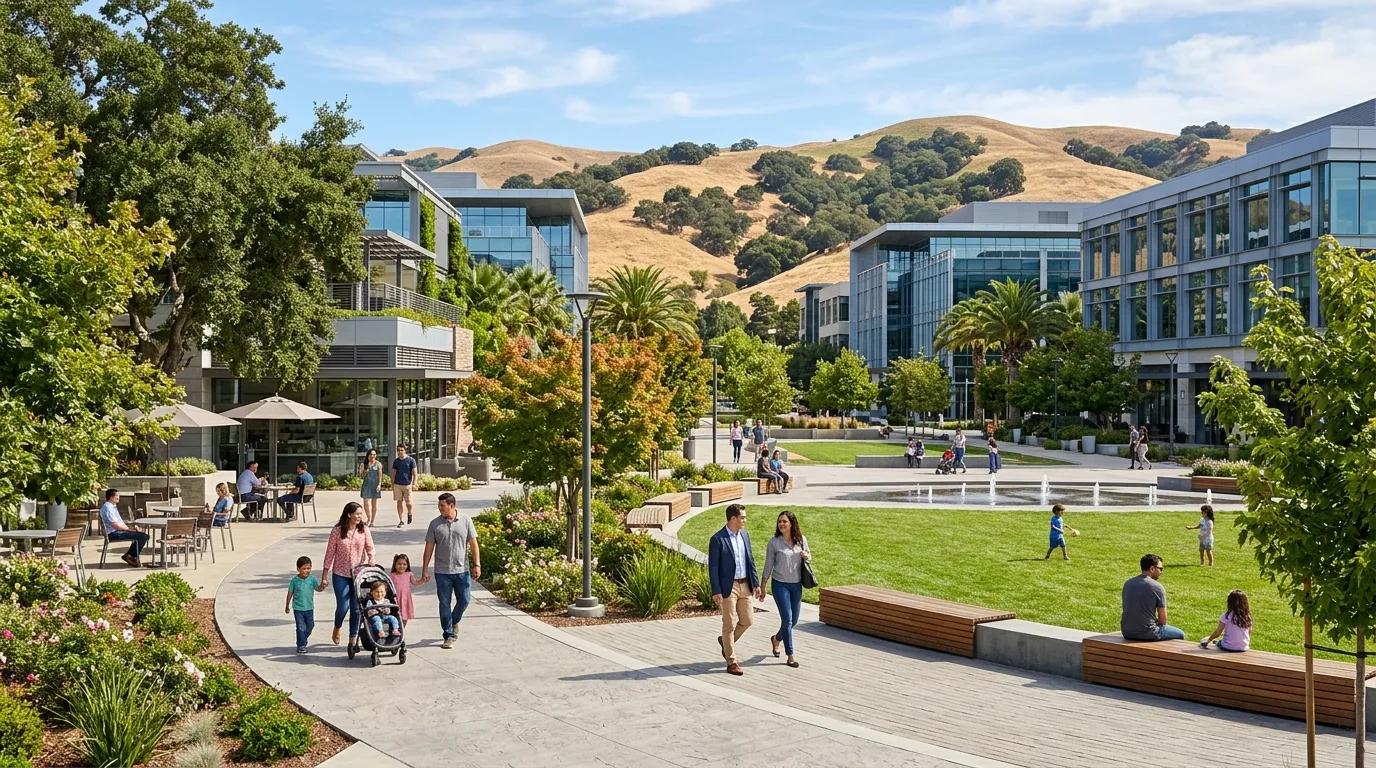 Modern San Ramon community plaza with landscaped walkways, contemporary buildings, and East Bay hills
