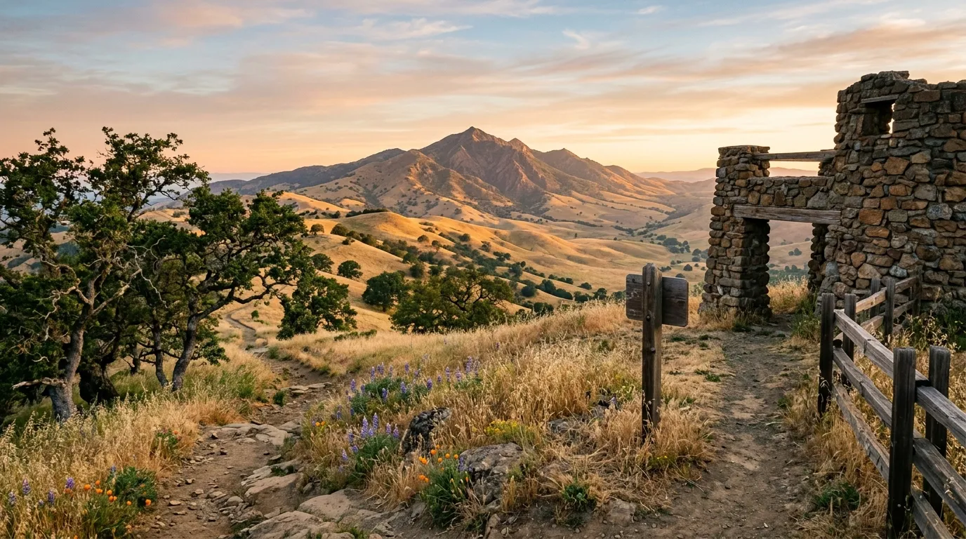 Mount Diablo rising above golden hills, oak trees, and a historic stone lookout in Contra Costa County