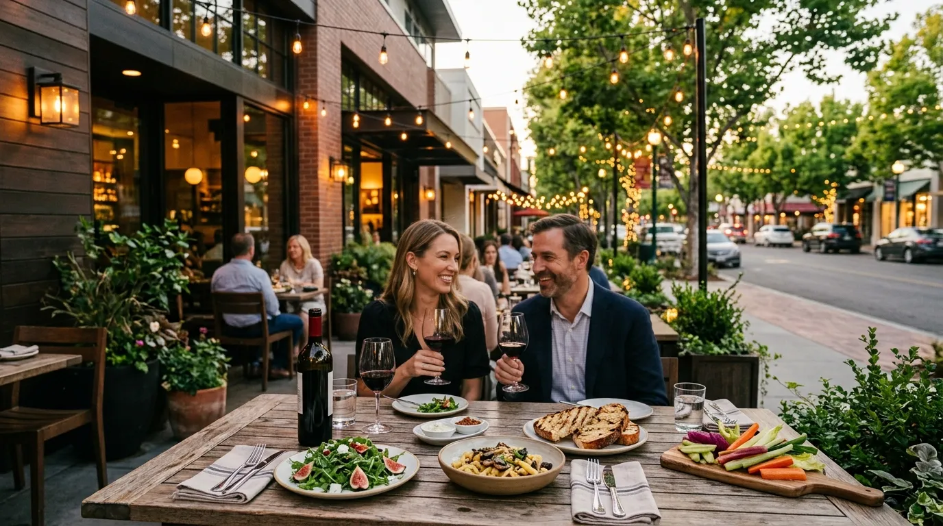 Outdoor dining patio in downtown Walnut Creek with plated food, trees, and people enjoying an evening meal