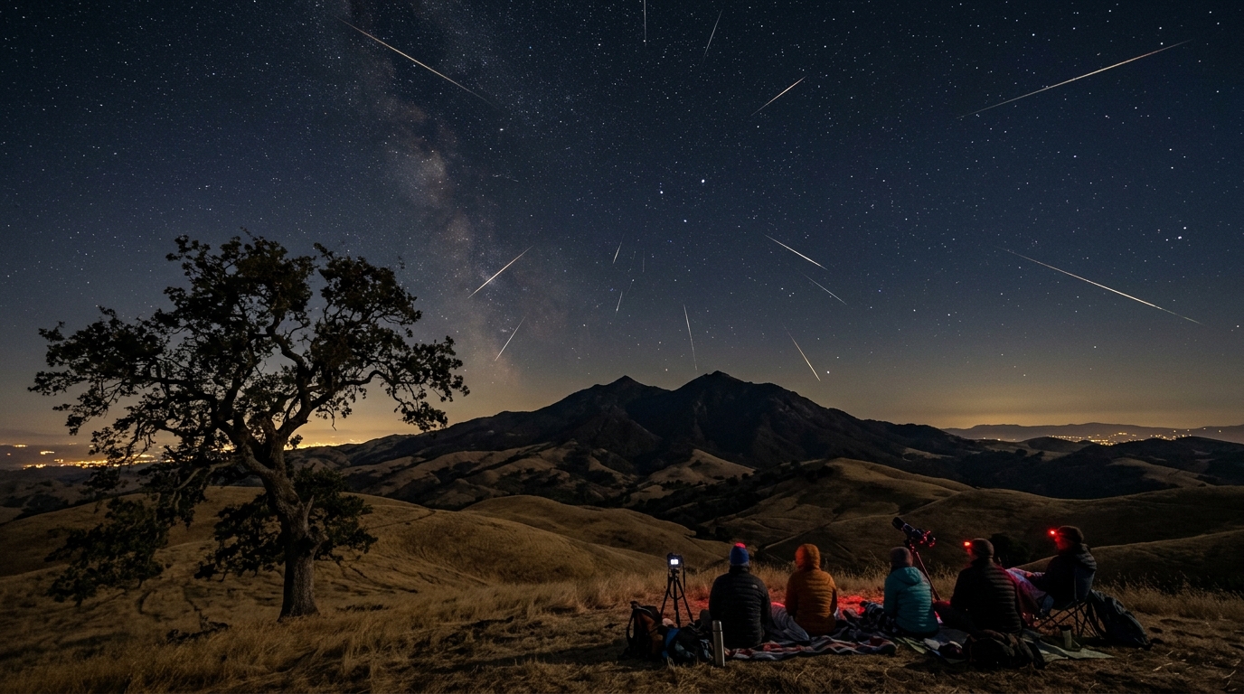 Perseid meteors streaking across the night sky above Mount Diablo and seated stargazers.
