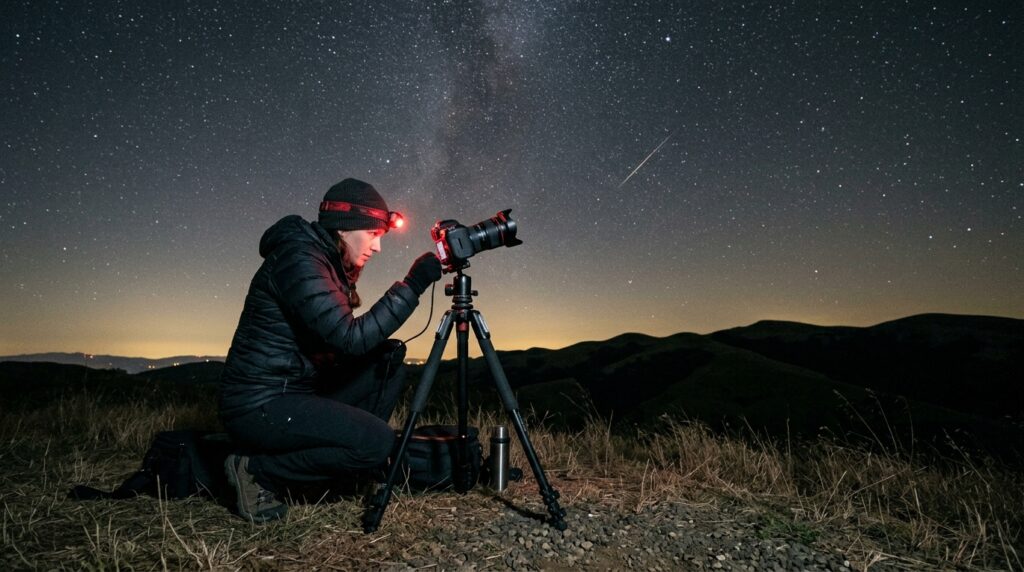 Photographer using a tripod and red light to photograph a Perseid meteor above the East Bay hills