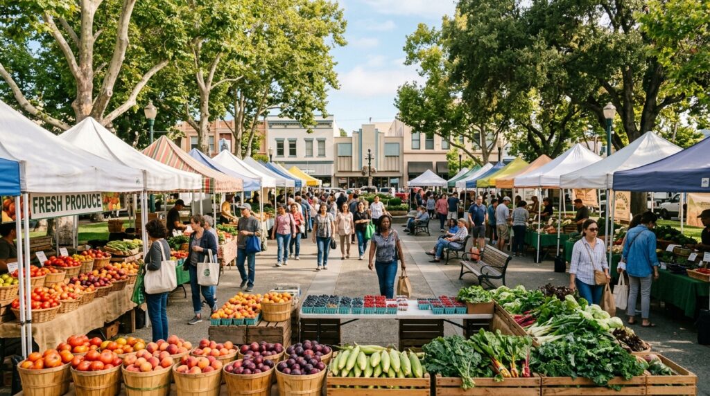 Produce stands and local shoppers at a farmers’ market in Concord’s Todos Santos Plaza