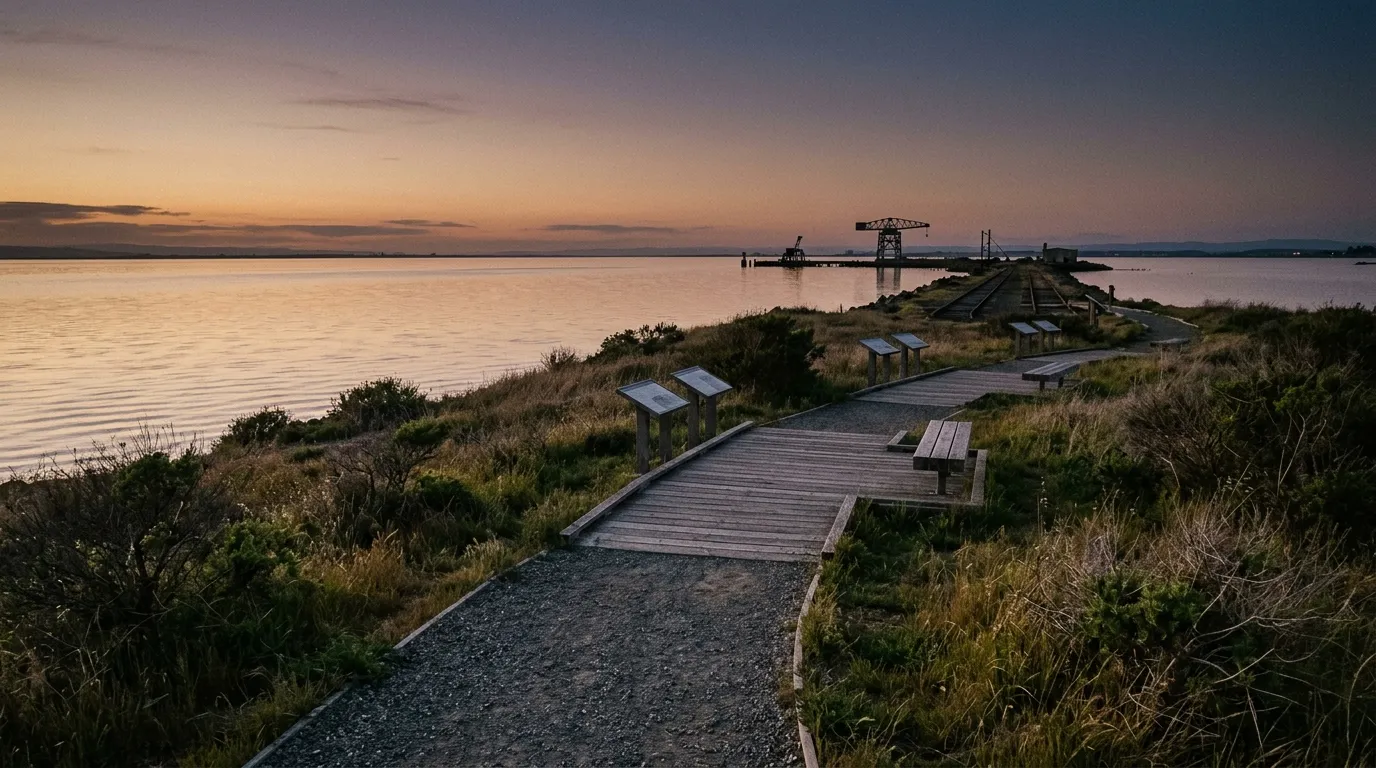 Quiet waterfront landscape and preserved military-era features associated with Port Chicago history