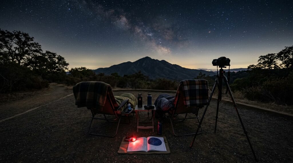 Reclining chairs, blankets, red flashlight, and camera prepared for safe stargazing near Mount Diablo