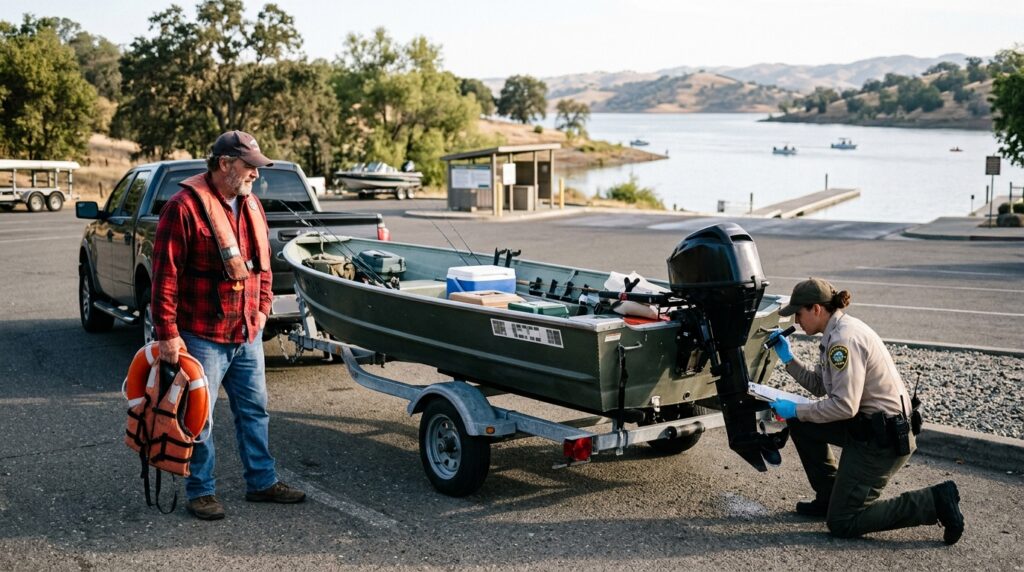 Recreational boat undergoing an invasive-species inspection before launching at Contra Loma Reservoir