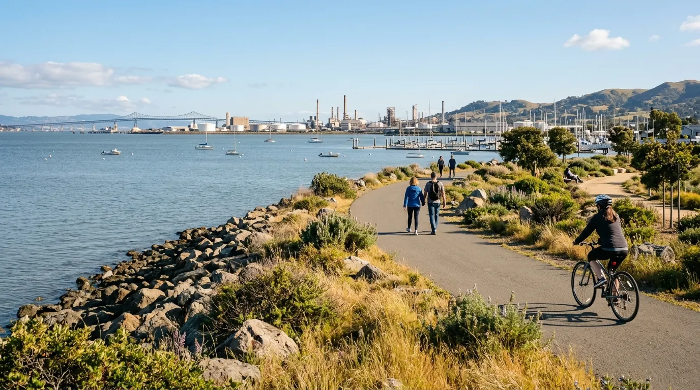 Richmond waterfront trail with bay views, marina scenery, and people walking near the shoreline