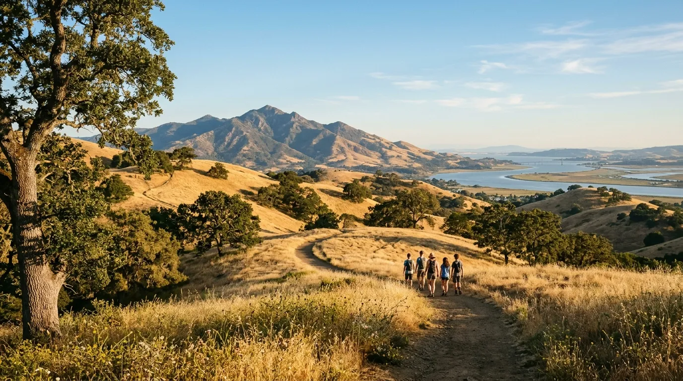 Scenic Contra Costa County landscape with Mount Diablo, golden hills, oak trees, and visitors walking along a trail