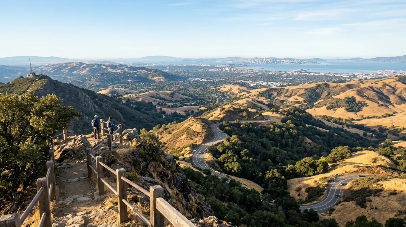 Scenic overlook from Mount Diablo with winding roads, golden slopes, and wide East Bay views