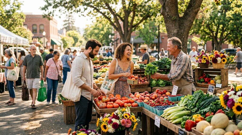 Shoppers browsing colorful summer produce at a farmers’ market in Contra Costa County