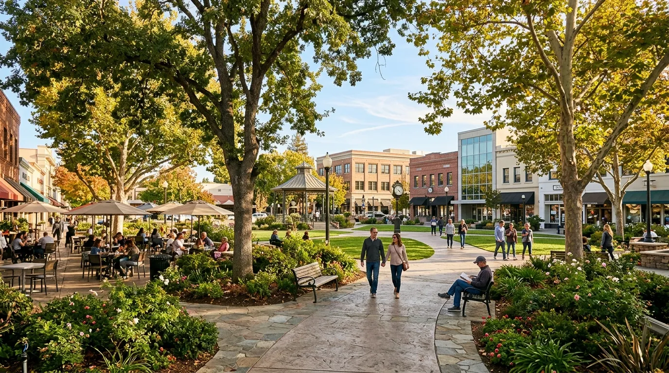 Todos Santos Plaza in downtown Concord with trees, seating, and people enjoying the public space
