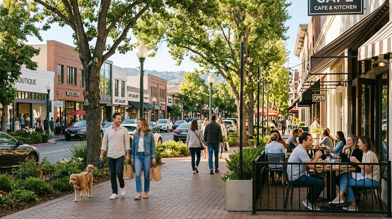 Tree-lined downtown Walnut Creek street with outdoor cafés, shops, and people enjoying a weekend afternoon