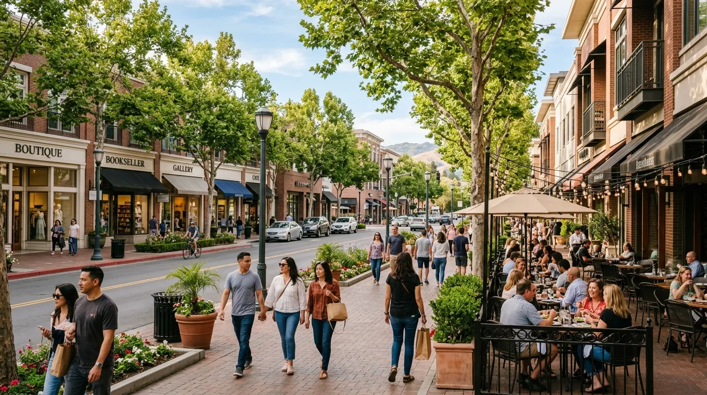Tree-lined downtown Walnut Creek street with outdoor dining, shops, and pedestrians
