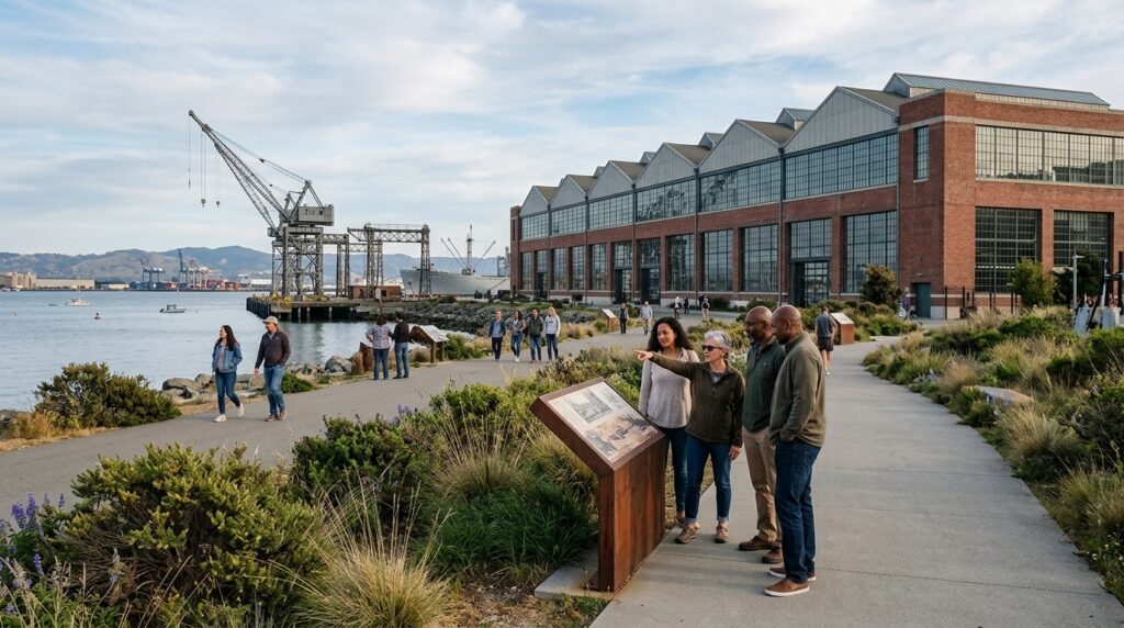 Visitors exploring the historic Rosie the Riveter waterfront and preserved industrial buildings in Richmond