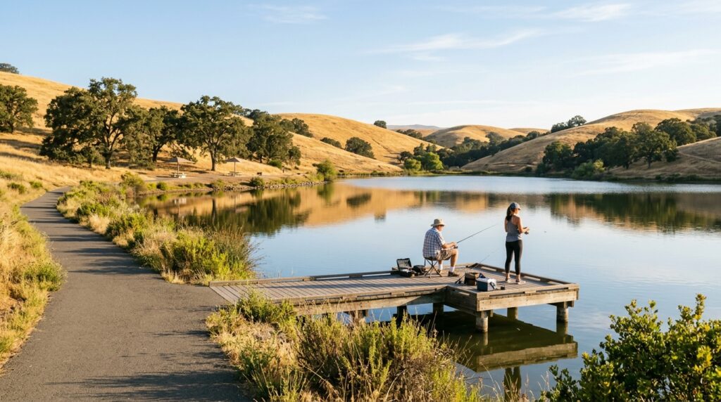 Visitors fishing beside Contra Loma Reservoir with golden hills and oak trees surrounding the par