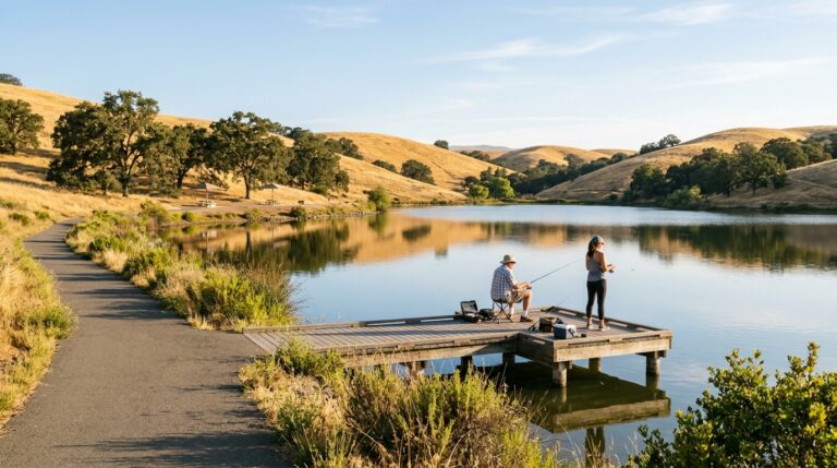 Visitors fishing beside Contra Loma Reservoir with golden hills and oak trees surrounding the par
