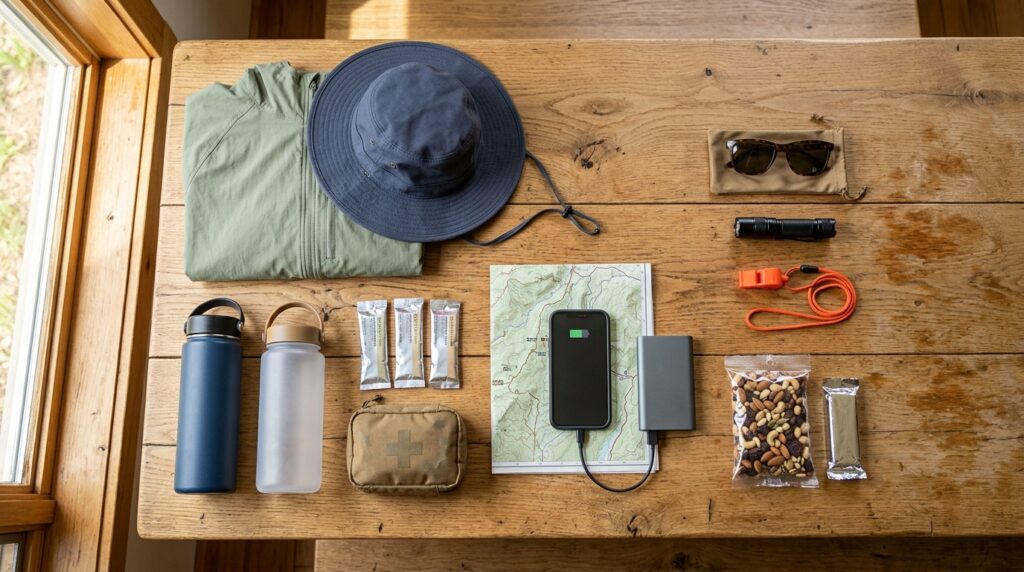 Water, trail map, hat, sunscreen, first-aid supplies and emergency gear prepared for a summer hik